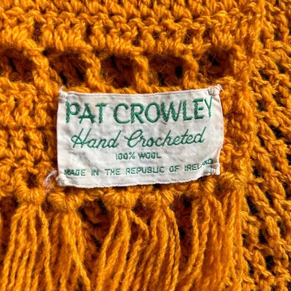 Vintage Pat Crowley Hand Crocheted 100% Wool Fringe Scarf Mustard Yellow Ireland